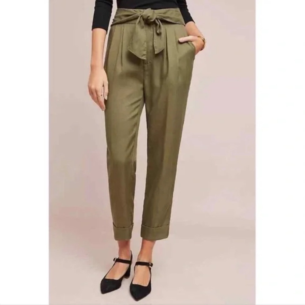 Anthropologie Tie Waist Olive Green High Rise Ankle‎ Pants Trousers